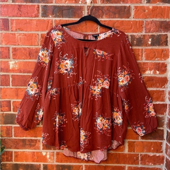 Torrid 3 Womens Brown Boho Floral Keyhole Cutout Babydoll Peasant Blouse - Picture 1 of 10